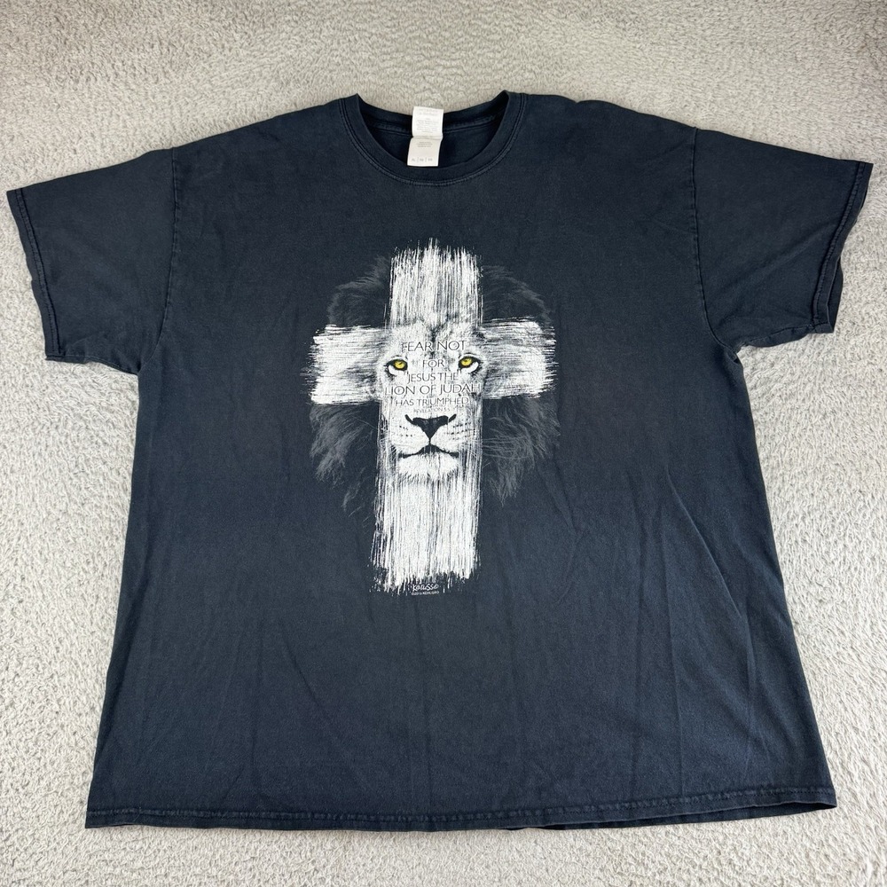 Vintage Y2K Jesus Christian Lion Cross Bible Short Sleeve Shirt Xl Black